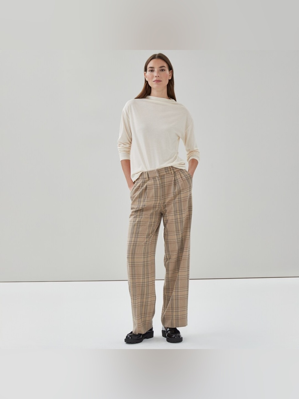 Joe Fresh Beige Plaid Wide-Leg Trousers